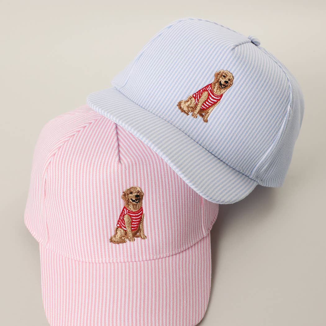 Golden Retriever Embroidered Seersucker Stripe Trucker Hat: BLUE
