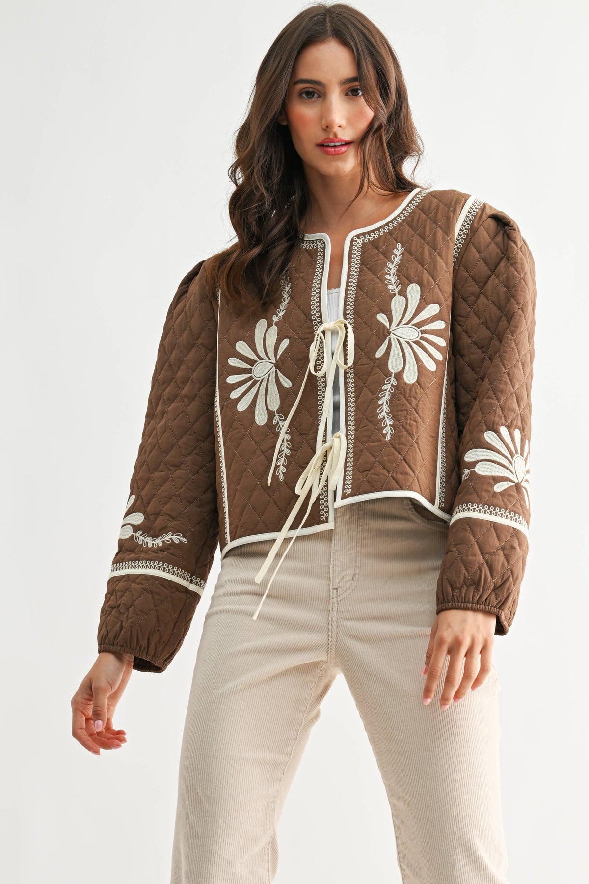 BOHO BLOOM QUILTED TIE-FRONT JACKET,  MOCHA