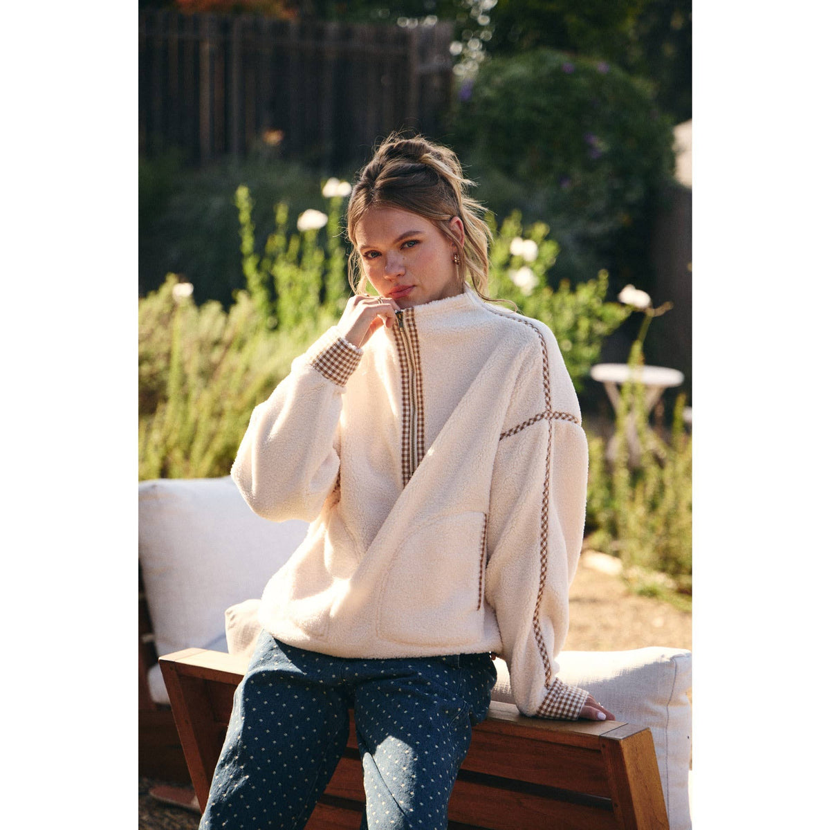 COZY CABIN GINGHAM TRIM HALF-ZIP PULLOVER
