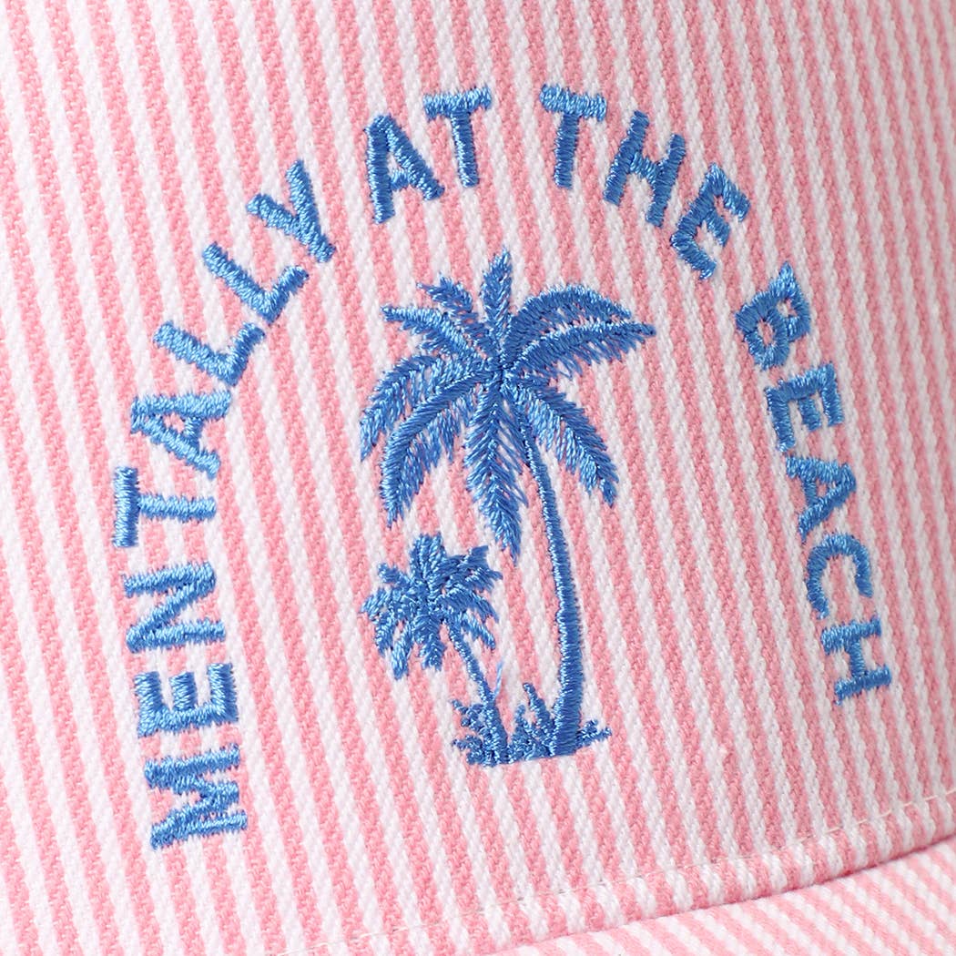 MENTALLY AT THE BEACH Embroidered Seersucker Trucker Hat, Pink