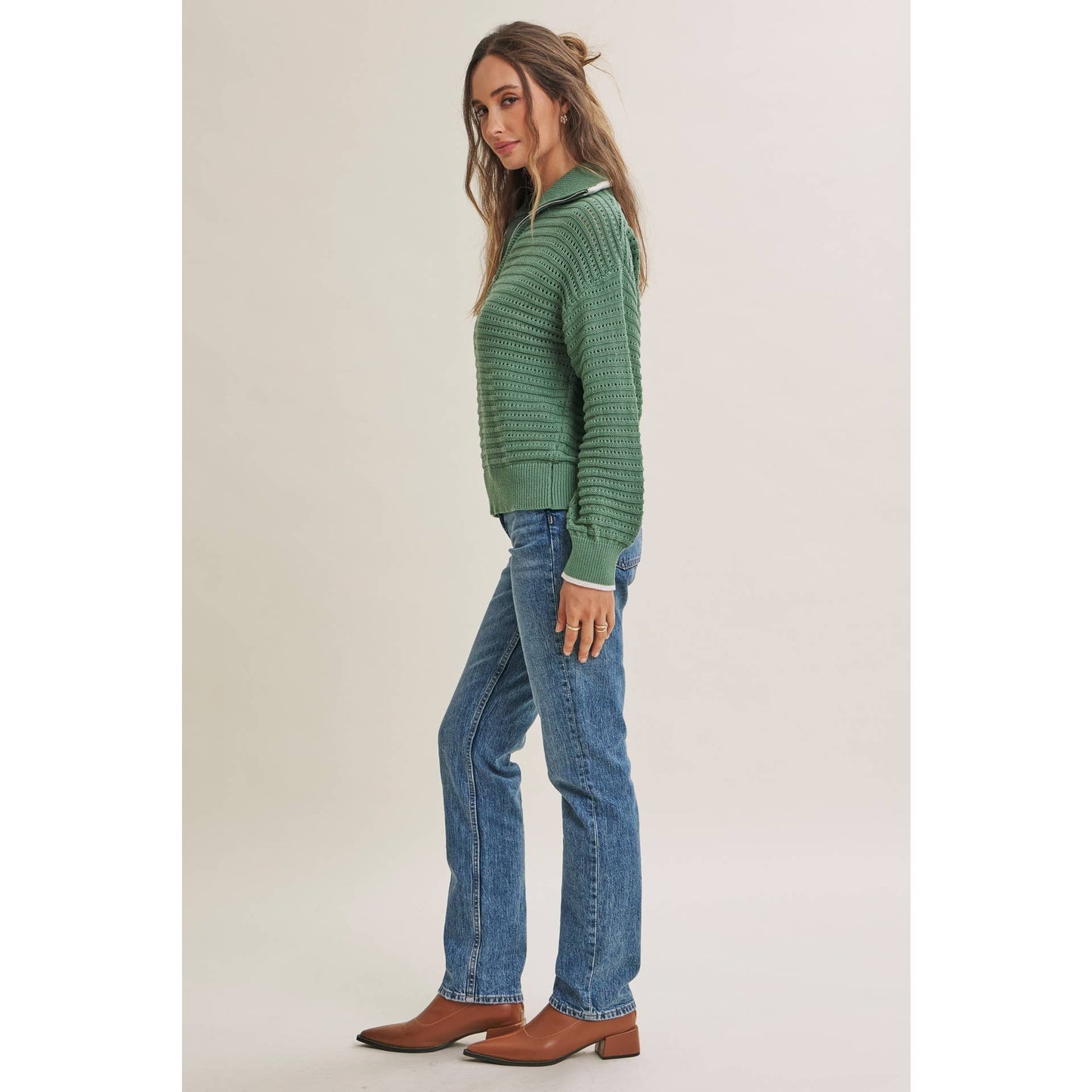 MOUNTAIN AIR TEXTURED HALF-ZIP SWEATER: SEA GREEN