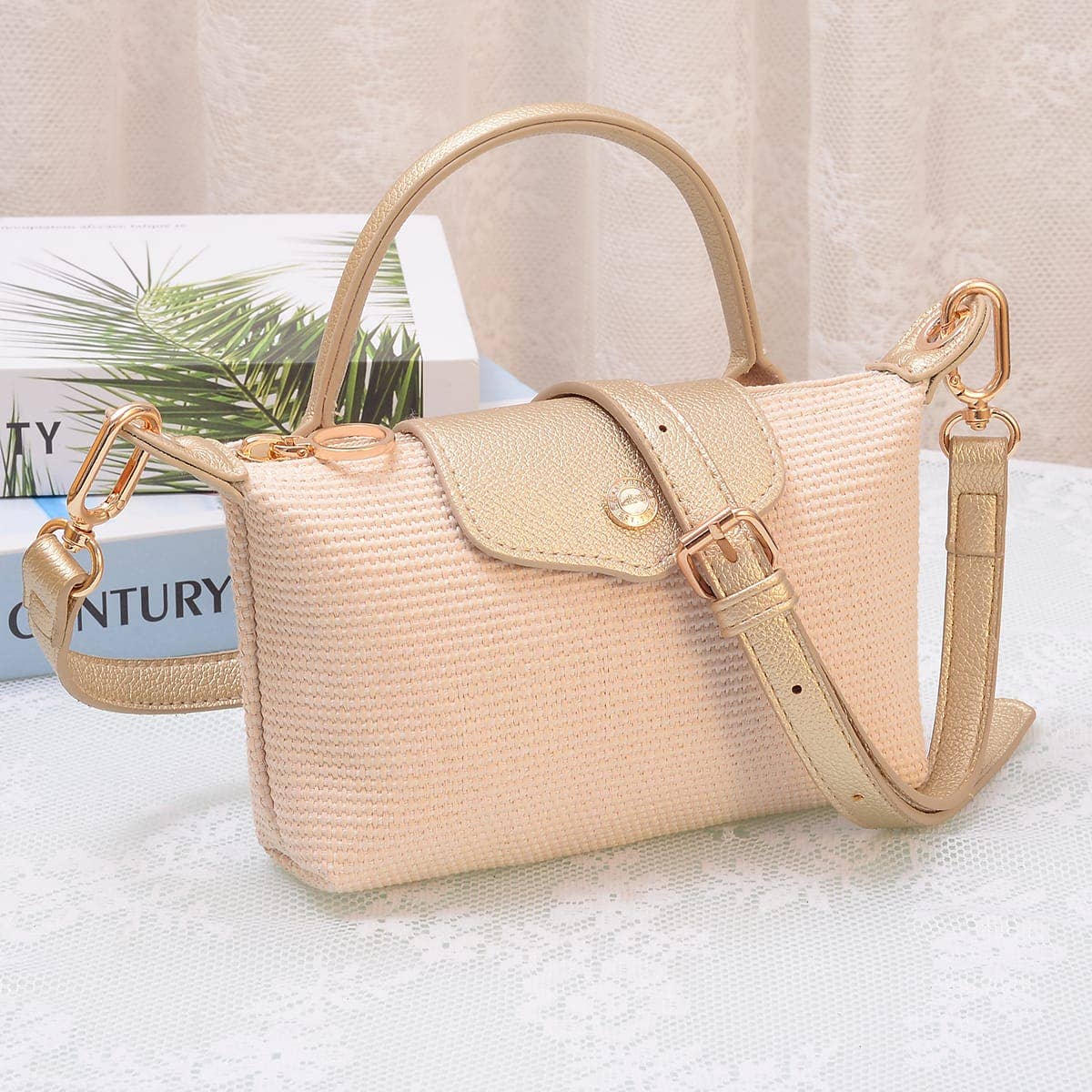 Lacey Straw Mini Crossbody Bag: Champagne Gold