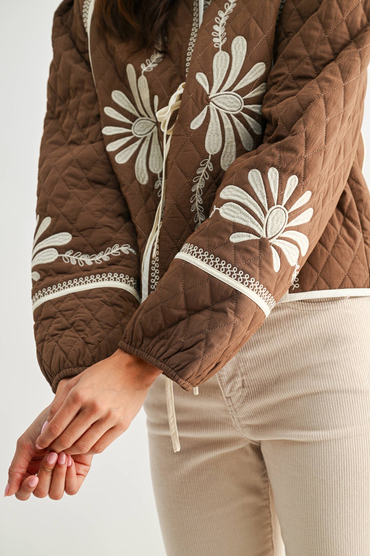BOHO BLOOM QUILTED TIE-FRONT JACKET,  MOCHA