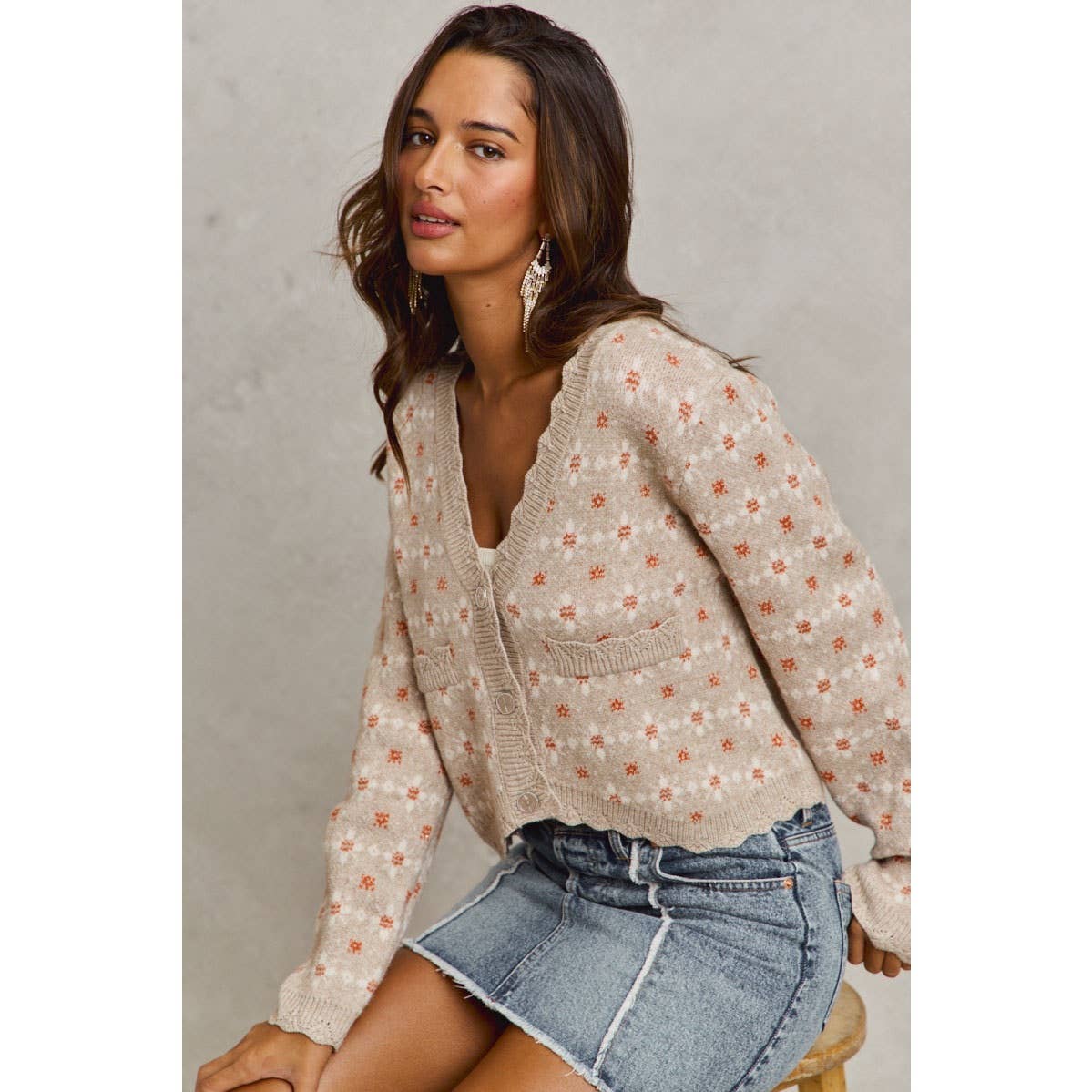 FLORAL PATTERNED BUTTON DOWN SWEATER CARDIGAN, OATMEAL