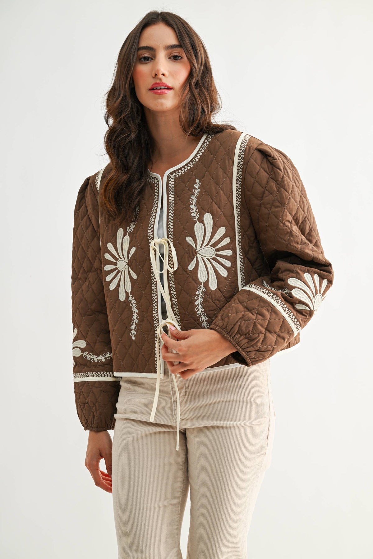 BOHO BLOOM QUILTED TIE-FRONT JACKET,  MOCHA