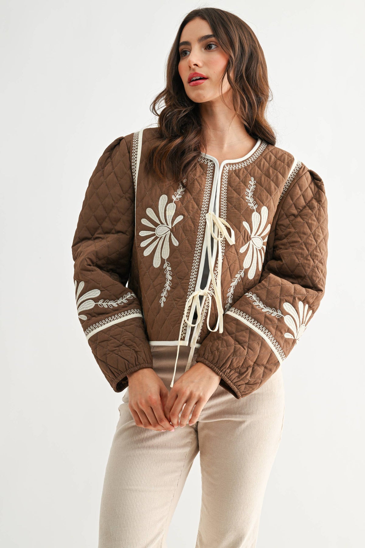BOHO BLOOM QUILTED TIE-FRONT JACKET,  MOCHA