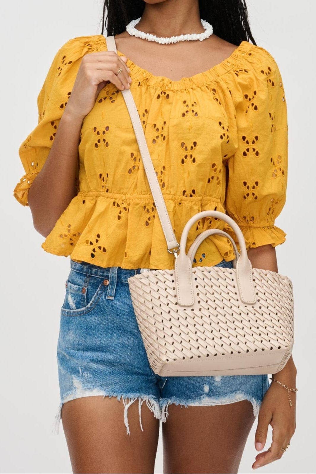 Paisley 2 in 1 Mini Woven Tote/Crossbody Bag With Pouch: Almond