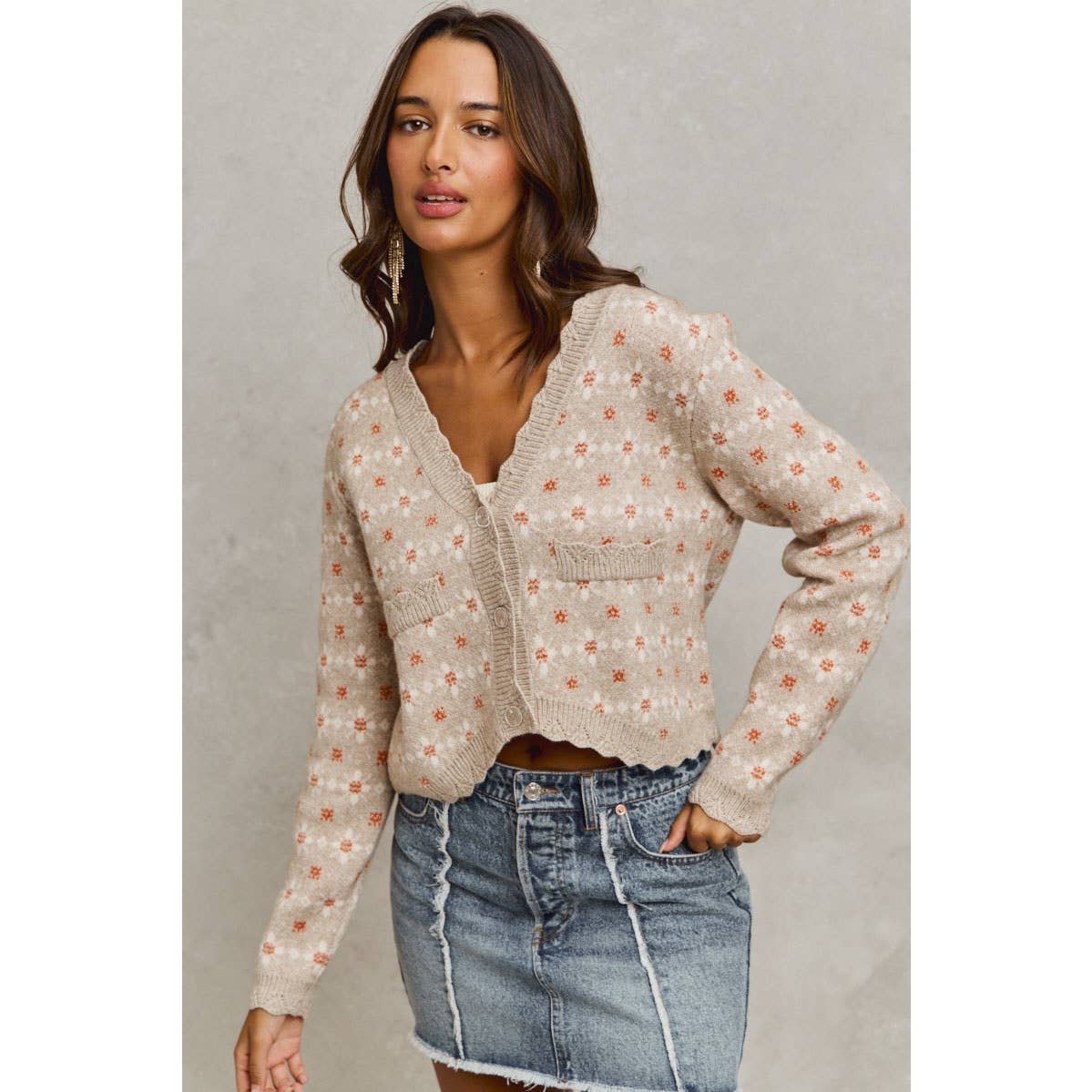 FLORAL PATTERNED BUTTON DOWN SWEATER CARDIGAN, OATMEAL