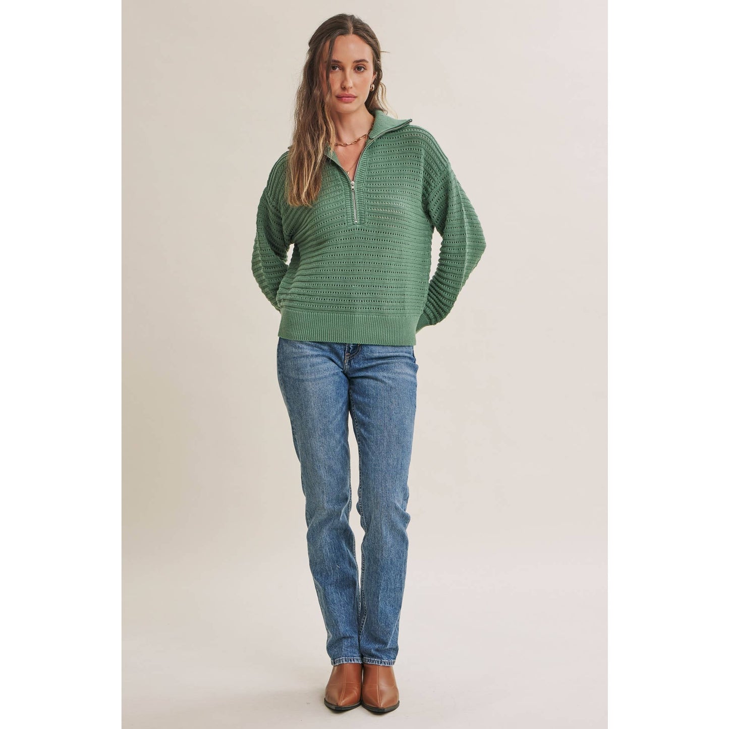 MOUNTAIN AIR TEXTURED HALF-ZIP SWEATER: SEA GREEN
