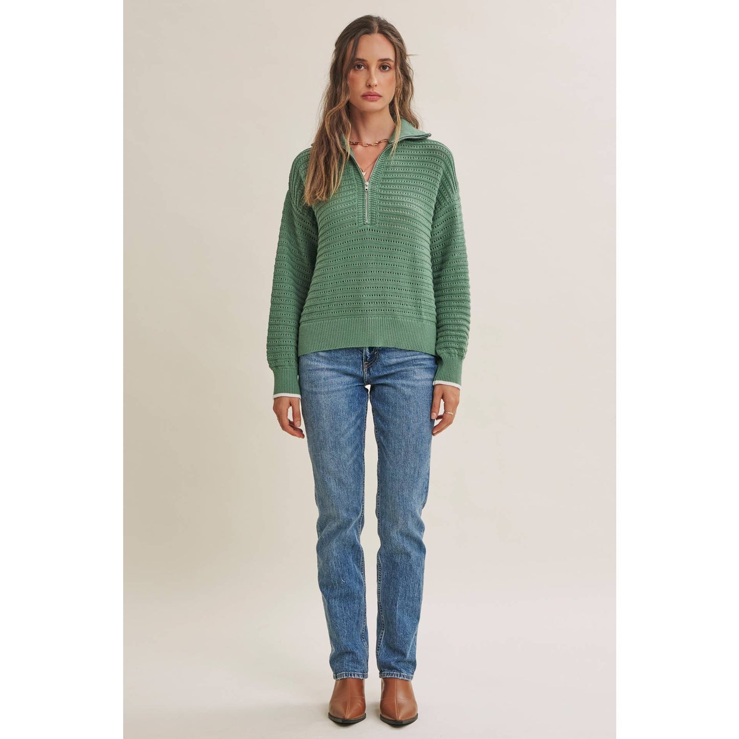 MOUNTAIN AIR TEXTURED HALF-ZIP SWEATER: SEA GREEN