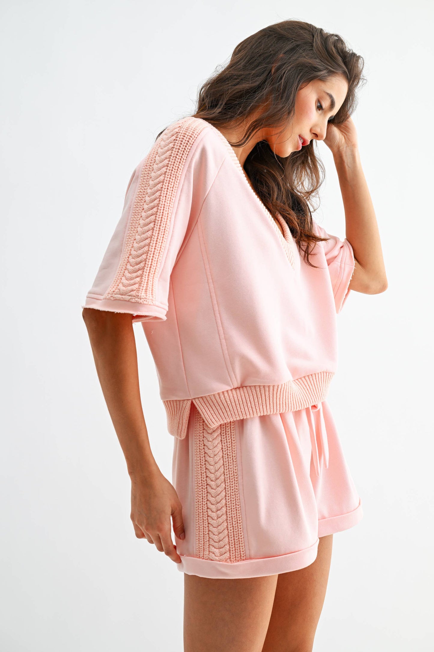 LYLA KNIT TRIM PINK LOUNGE SHORT SET
