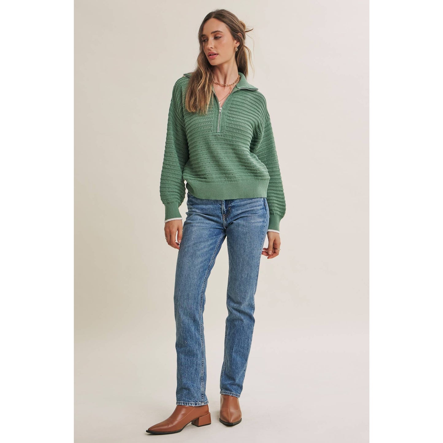 MOUNTAIN AIR TEXTURED HALF-ZIP SWEATER: SEA GREEN
