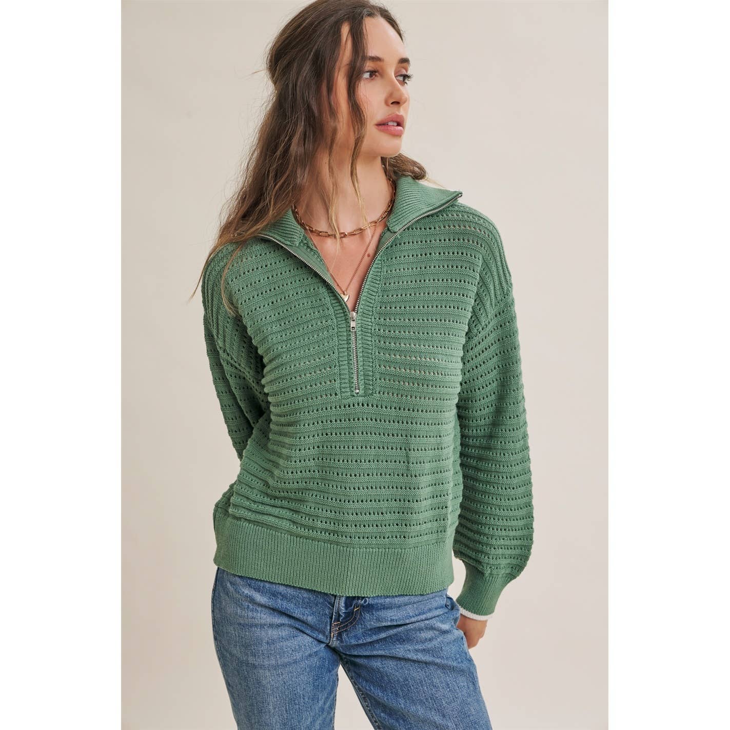 MOUNTAIN AIR TEXTURED HALF-ZIP SWEATER: SEA GREEN