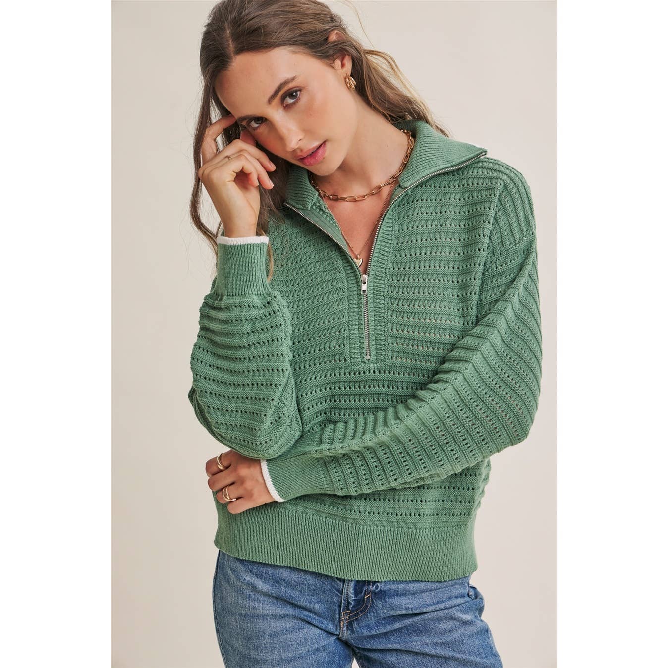 MOUNTAIN AIR TEXTURED HALF-ZIP SWEATER: SEA GREEN