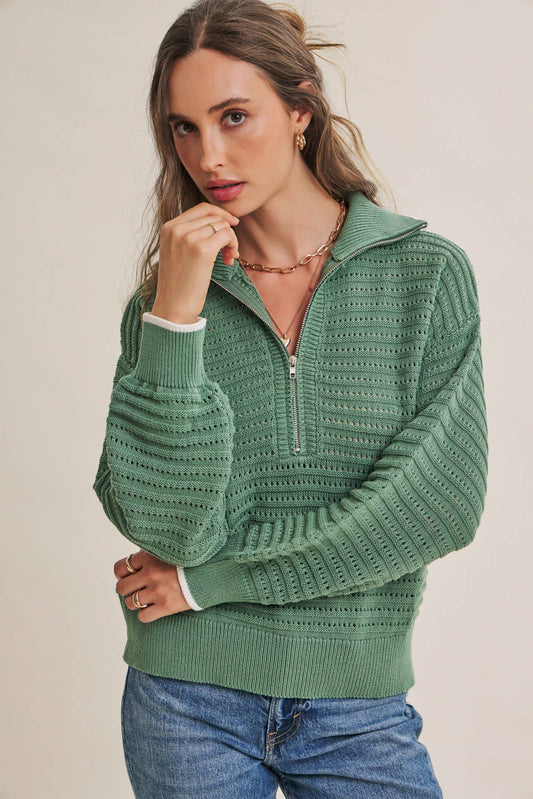 MOUNTAIN AIR TEXTURED HALF-ZIP SWEATER: SEA GREEN