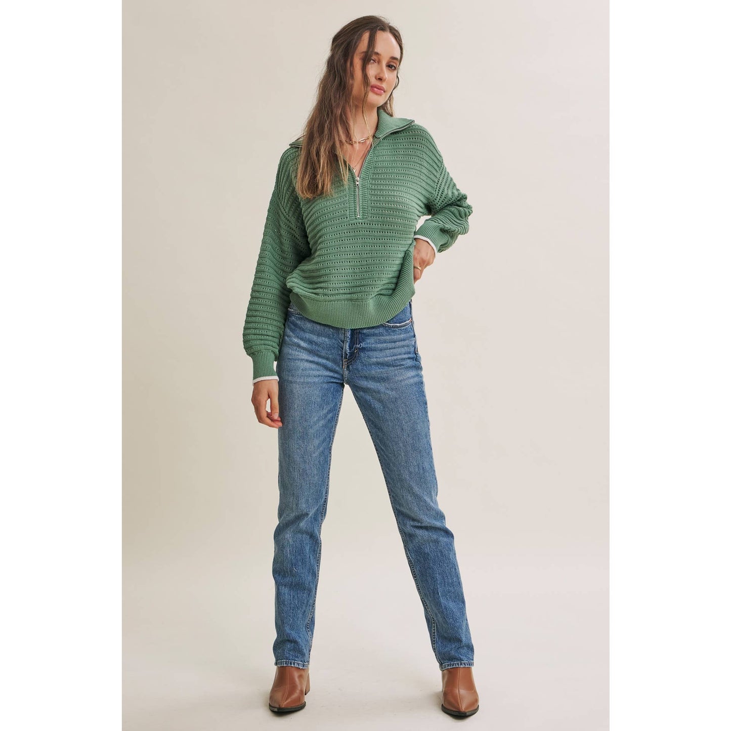 MOUNTAIN AIR TEXTURED HALF-ZIP SWEATER: SEA GREEN